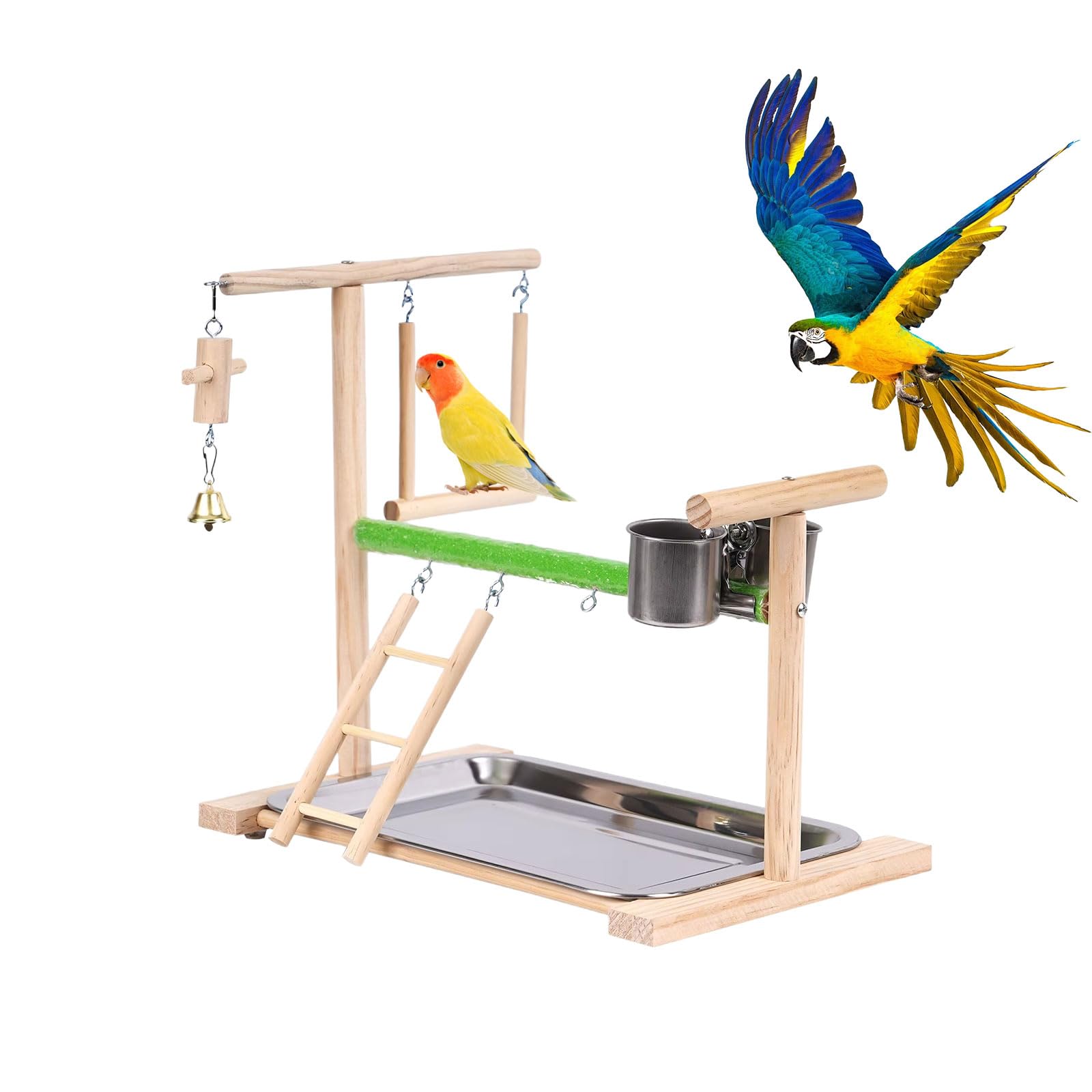 Parrot Toys, Wooden Bird Playground Parrot Perch Stand with Tray Feeder Cup Ladder Swing Toys