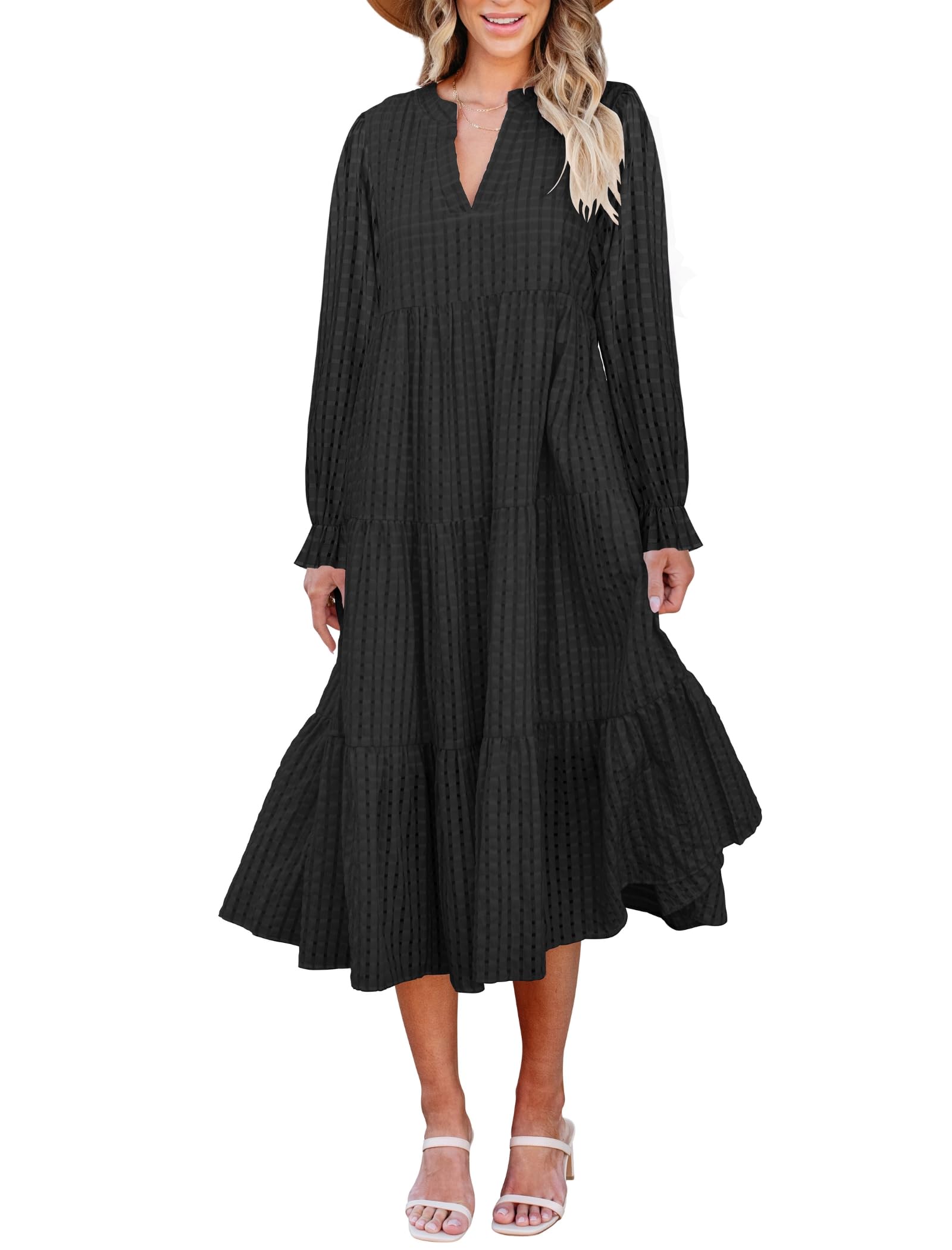 Theenkoln Womens Casual Midi Dress: Long Sleeve V-Neck Empire Waist Gingham Spring Fashion Long Trendy Tiered Formal Dresses