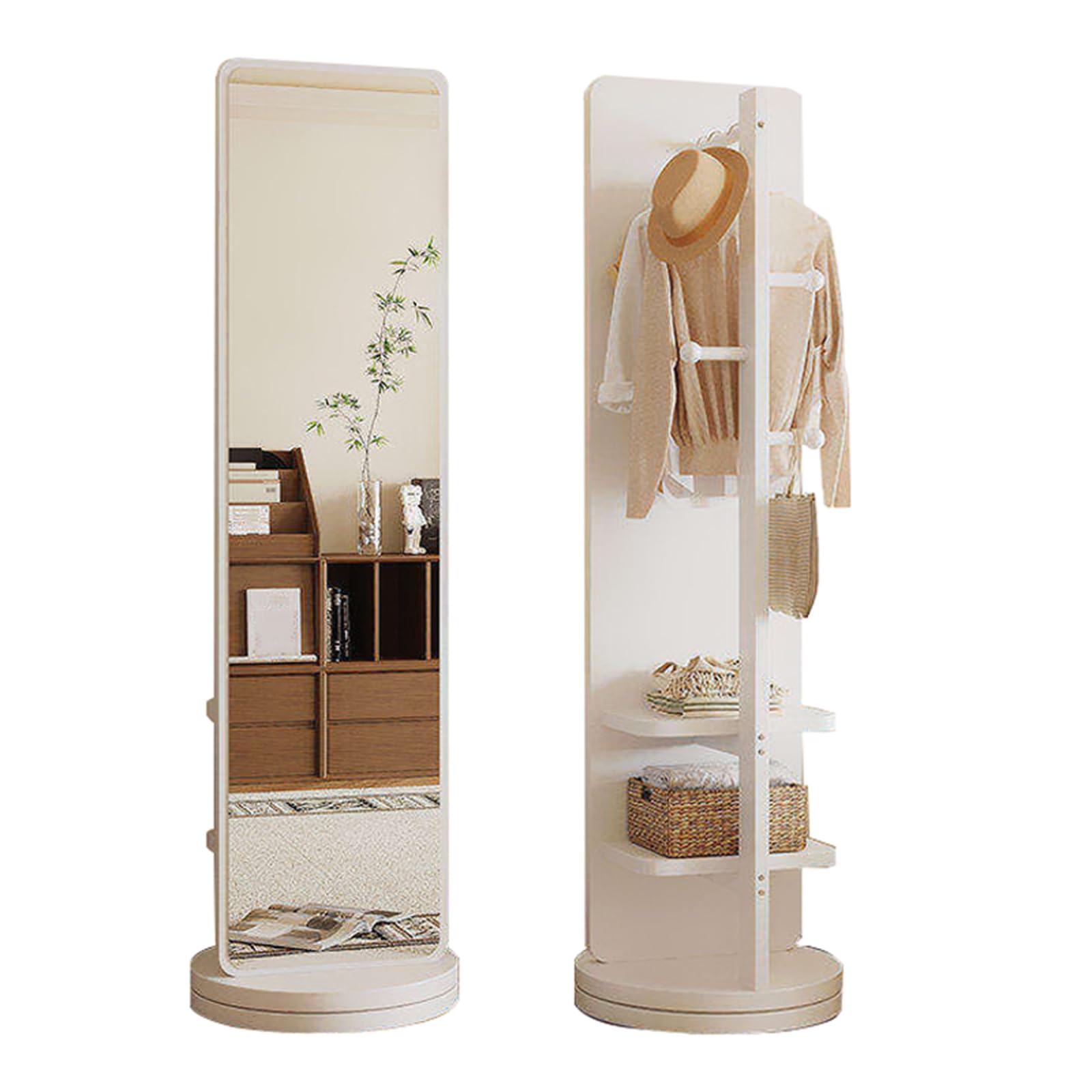 Espejo de Cuerpo Entero con Perchero, Espejos de Suelo giratorios 360° y Organizador 170 × 40 cm Espejos Grande con Almacenamiento y Ganchos, para Guardarropa, Dormitorio o Salon, Ahorra Espacio