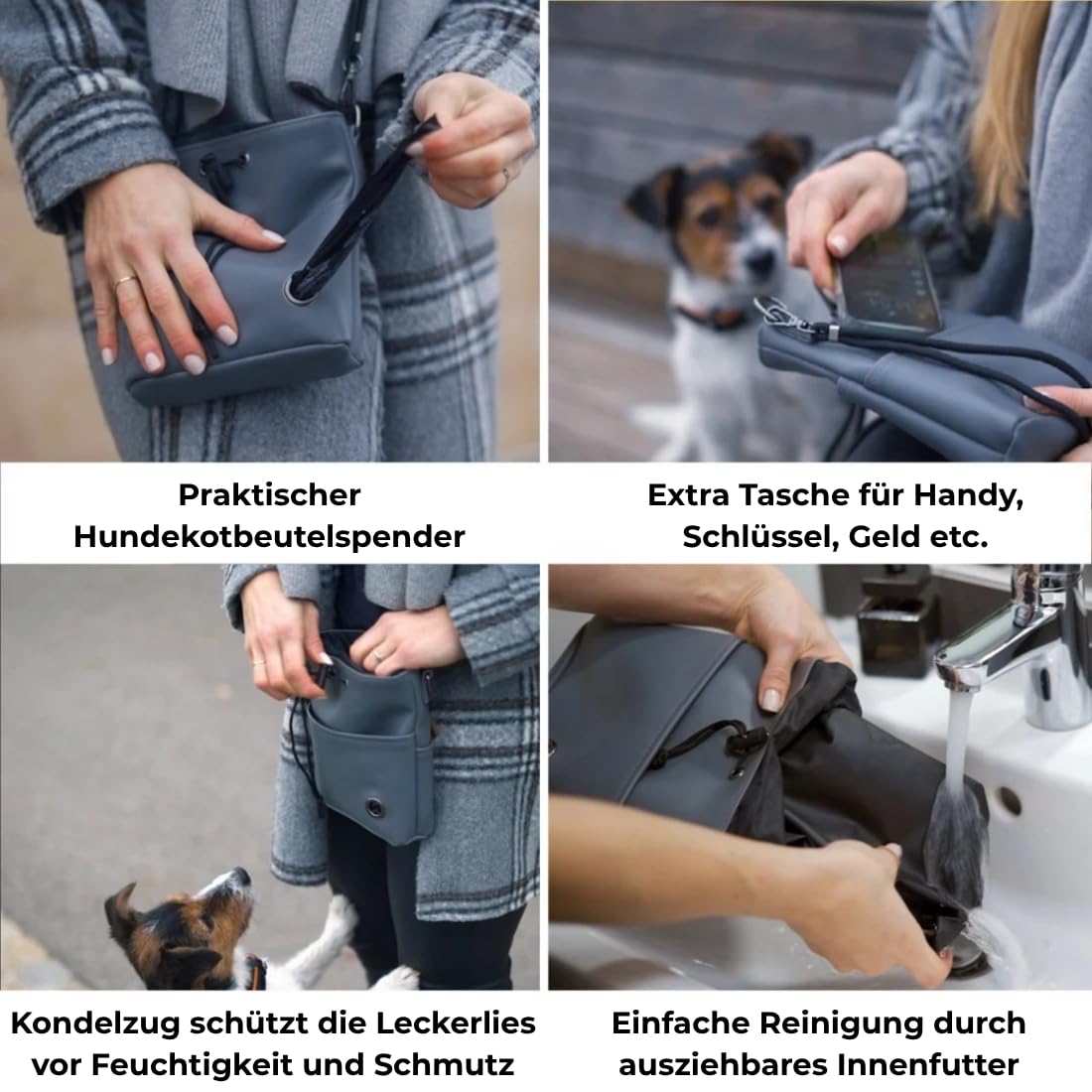 Leckerlibeutel für Hunde - Futterbeutel Hundetraining, Grau | Einhand-Kordelzug, Bruchsicherer Metall-Clip, Wasserabweisend, Mit Handy- und Kotbeutelfach, Recyceltes Material