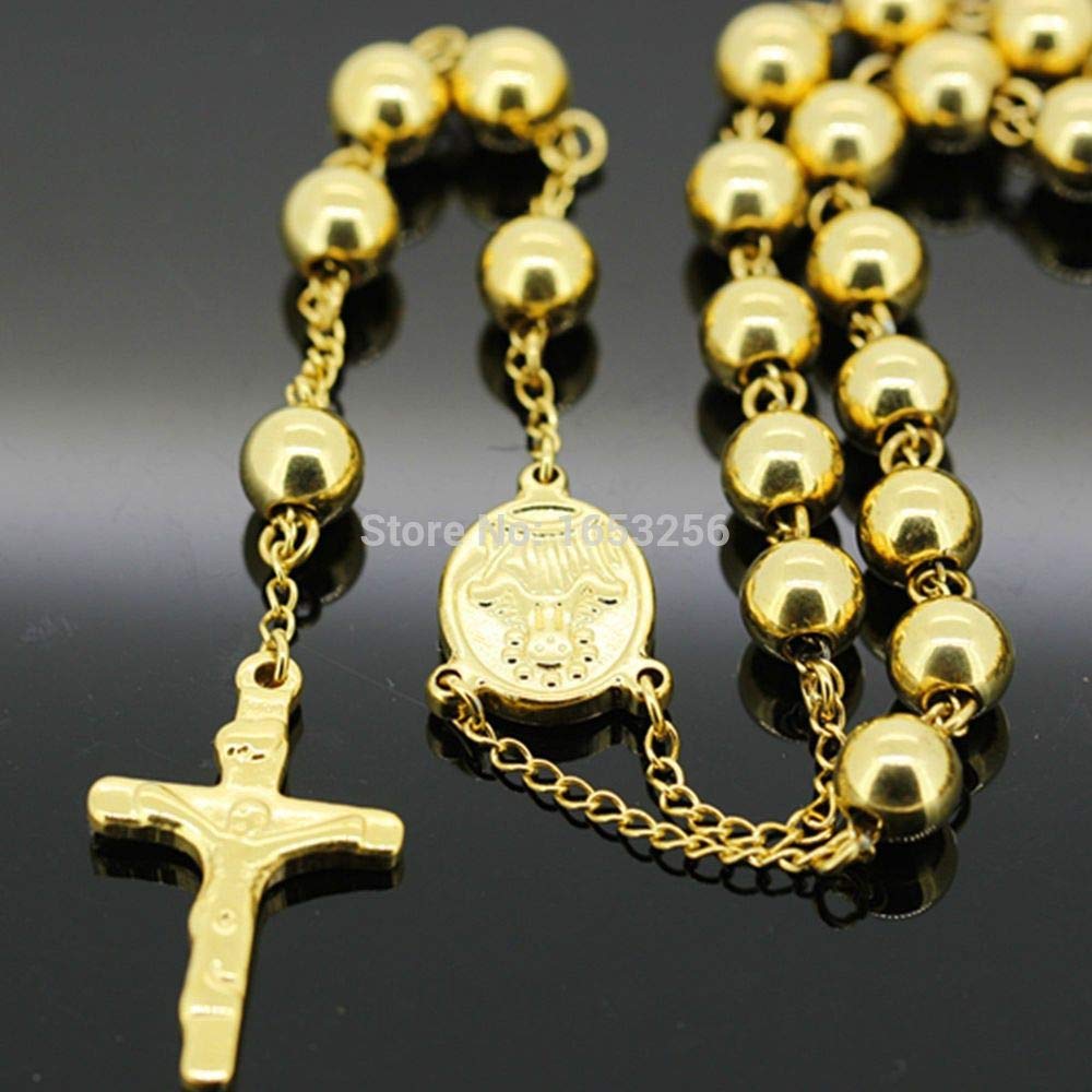 Yellow Gold Rosary Chain Heavy 8mm Solid Ball Pure Stainless Steel