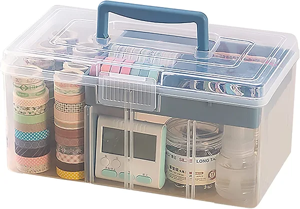 FOREVERIE Clear Plastic Arts & Craft Supplies Organizer Box Large with a Removable Tray & A Partition & Handle, Office Home School Desktop Stationery Storage Box, Medicine Box (Clear & Ocean Blue)
