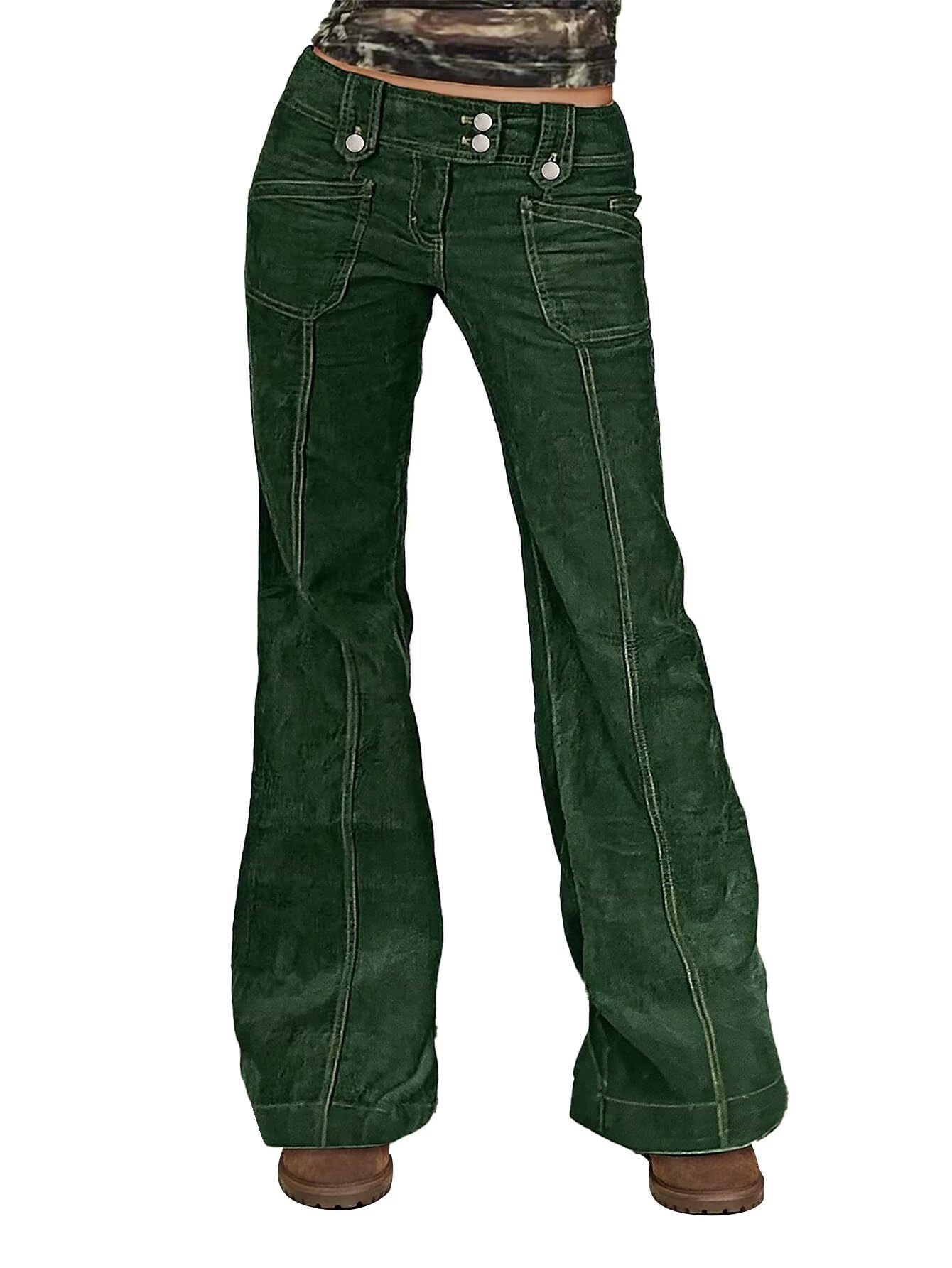 Flamingals Flare Leg Pants for Women Mid Rise Asymmetrical Waist Corduroy Stitch Detail Patched Pocket Bootcut Pants