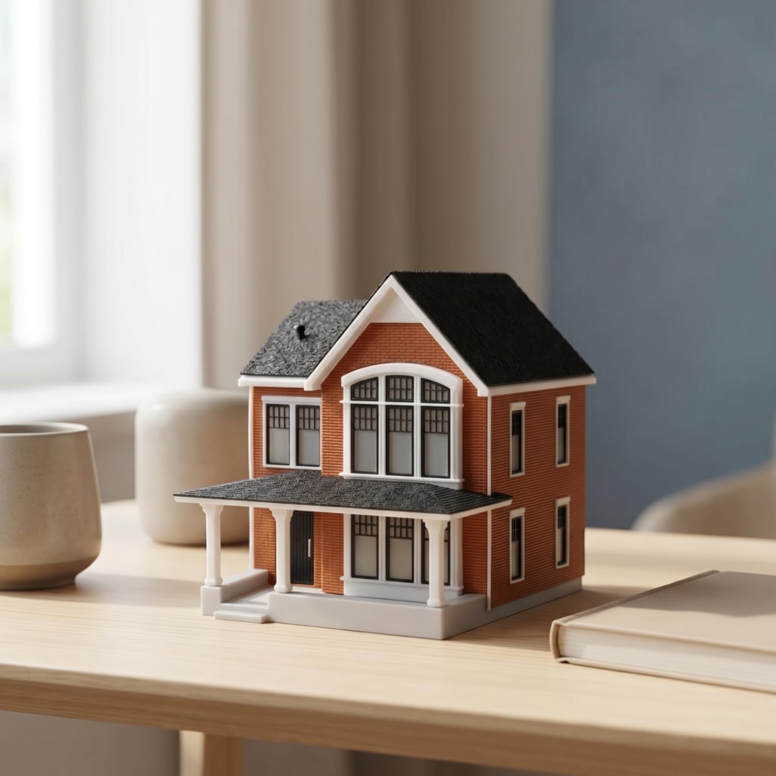Miniatura Architettura Villa Modello Diorama Plastica Base Personalizzabile Due Piani Tetto a Due Falde Facciata Finestra Ad Arco Portico Colonne, Marrone Rosso