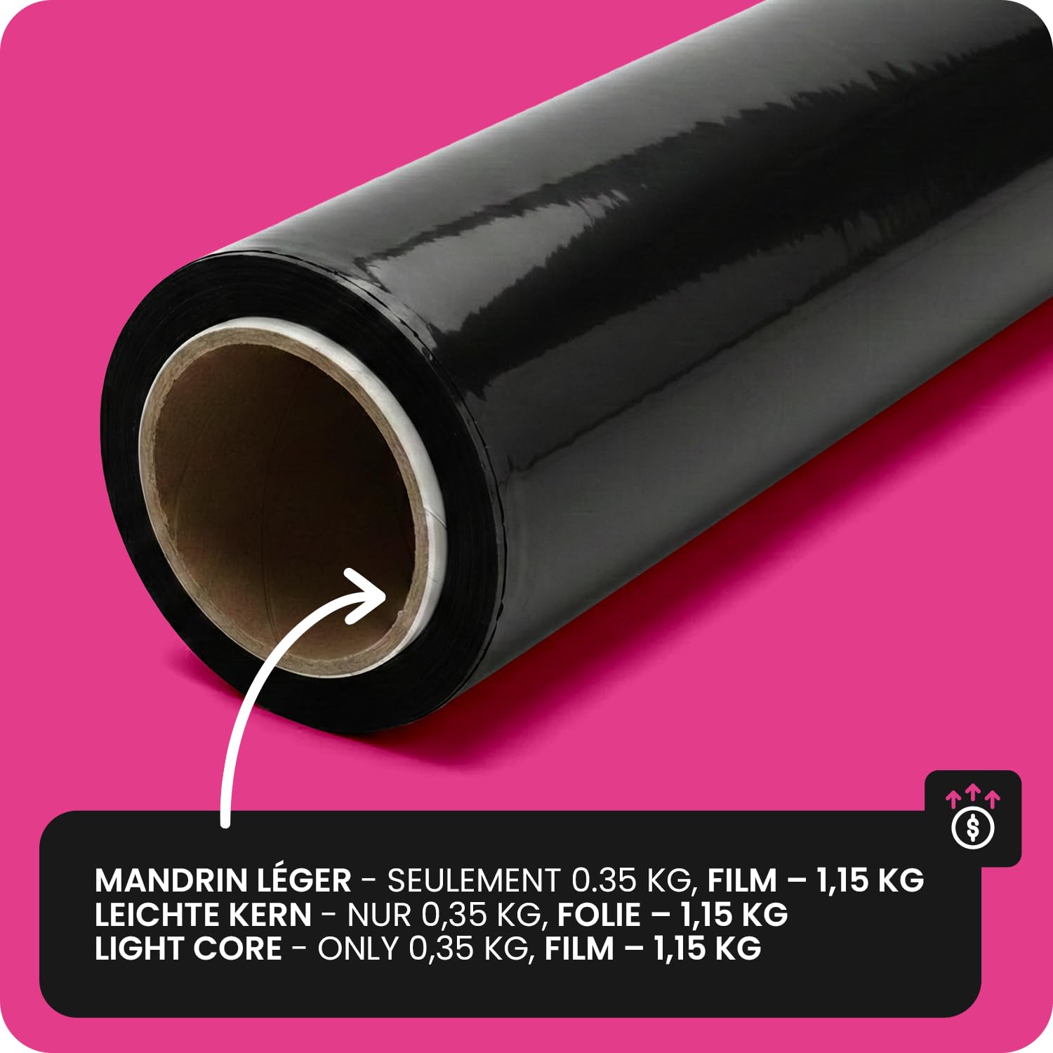 Netuno 6x rollo de film estirable negro 1,5 kg peso ancho 50 cm espesor 23 µm lámina elástica película de polietileno retráctil para embalar paletas paquetes cajas mudanzas transporte almacenaje