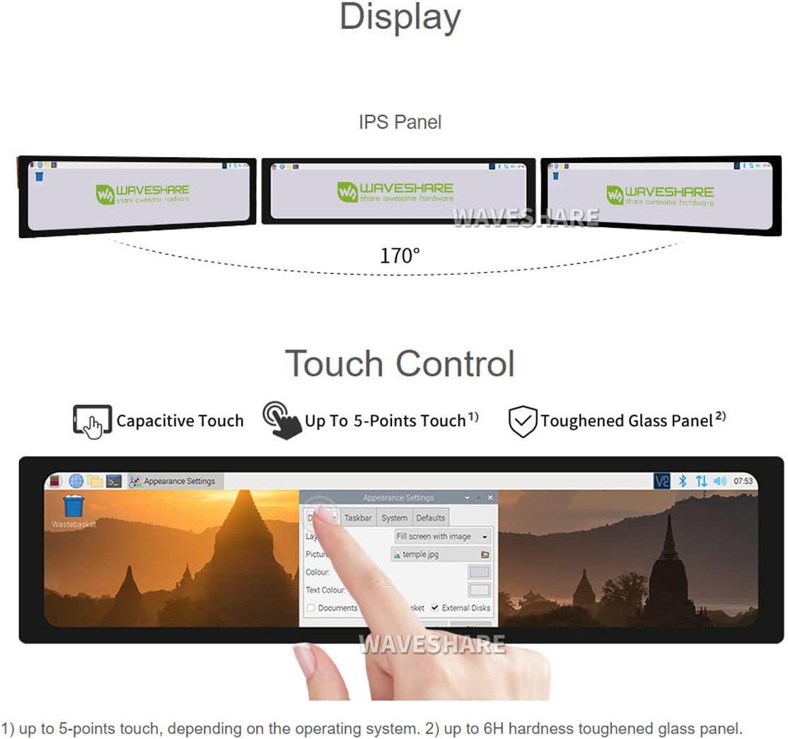 Waveshare 11.9inch Capacitive Touch Screen LCD Compatible with Raspberry Pi 5/4B/3B+/3A+/2B/B+/A+/Zero/Zero W/WH/Zero 2W CM3+/4 320×1480 Resolution HDMI IPS Supports Jetson Nano/Windows