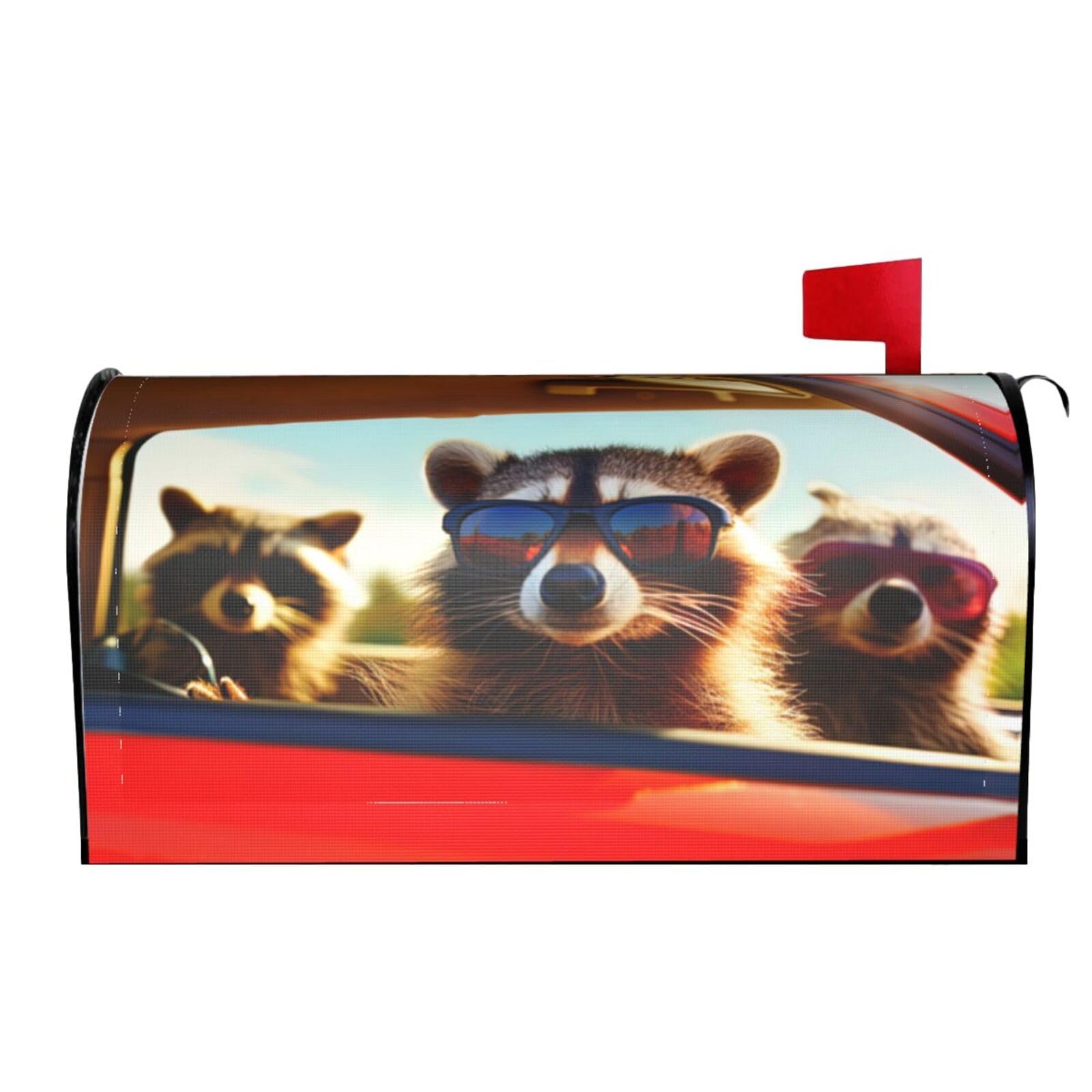 Raccoon Wearing Sunglasses Driving Car 02 Mailbox Covers Magnetic Wraps Post Letter Box Cover Garden Home Decor