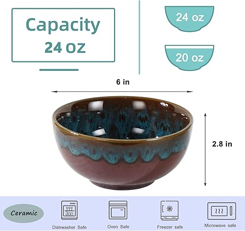 Miniatura 5 de Juego de 4 cuencos de cereales, cuencos de sopa, de cerámica de 6 pulgadas para cocina, juego de cuencos de estilo japonés para postre, fideos,