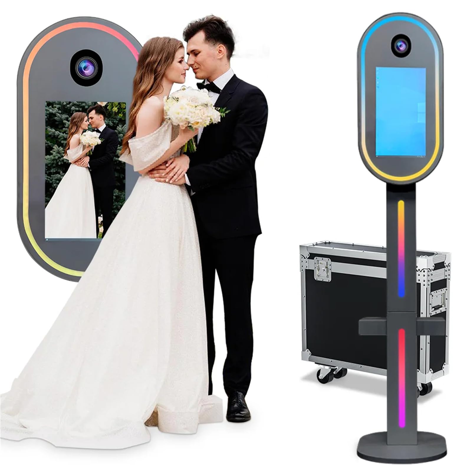 FXNFXLA Mirror Photo Booth for Camera, DSLR Selfie Station Photobooth Shell Stand Machine with 15.6" Touch Screen, RGB Light and Flight Case, for Events Rental