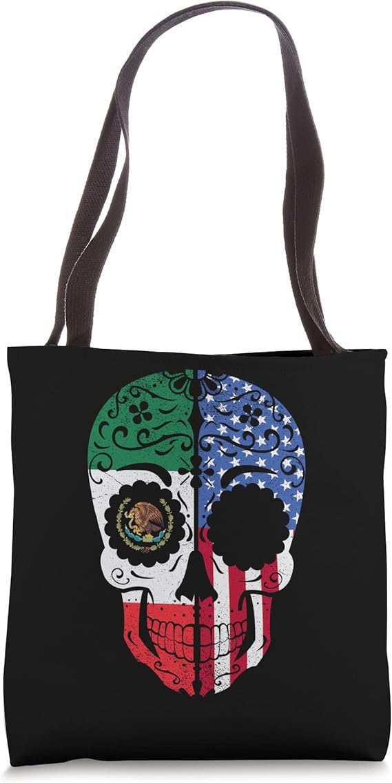 Mexican American Flag USA Mexico Sugar Skull Tote Bag