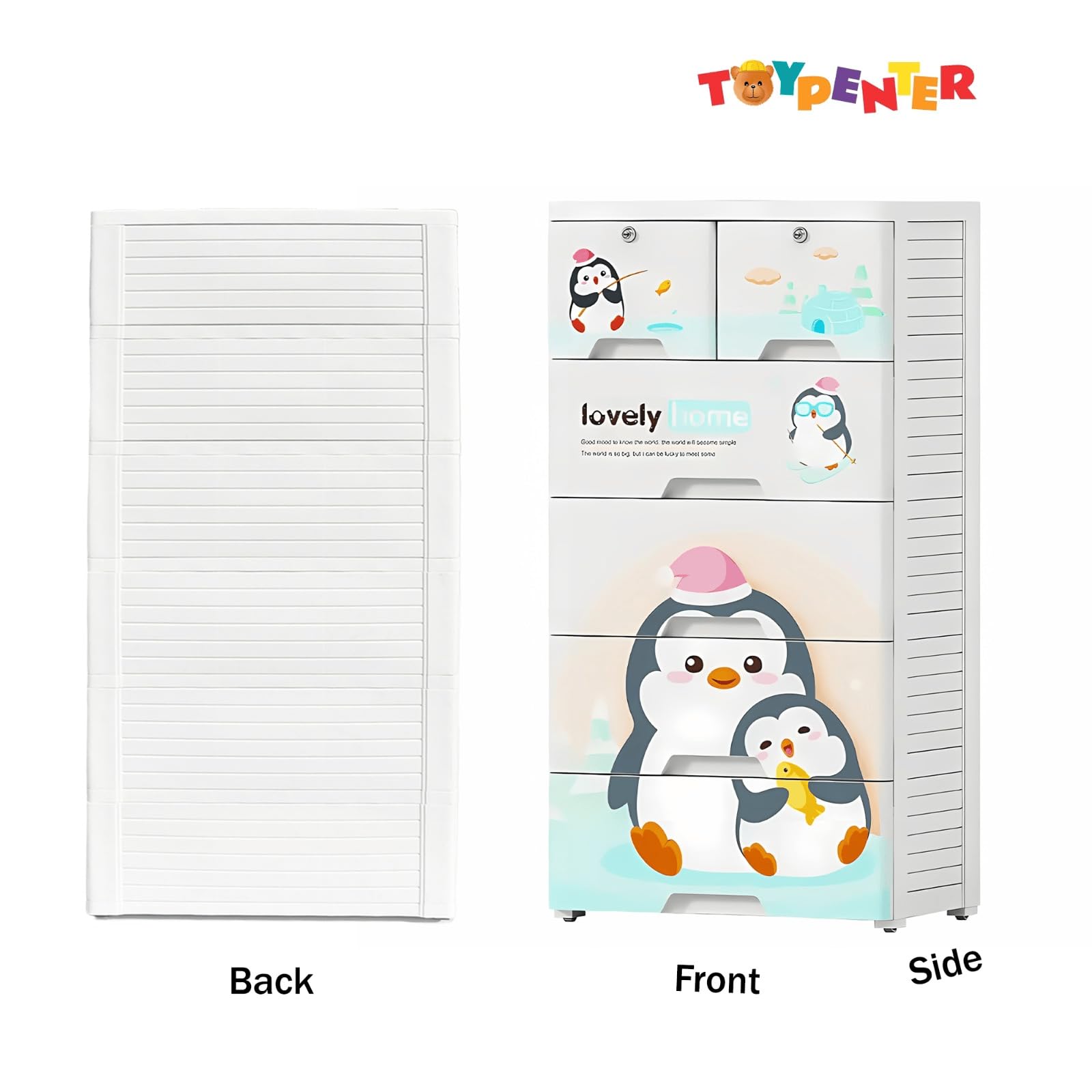 TOYPENTER 5 Layers High Density Plastic Storage Cabinate with Wheels I Collapsible Kids Clothing Wardrobe | Portable Waterproof Multipurpose Storage/Adjustable 6 Drawers Almirah for Babies (Penguin) 1