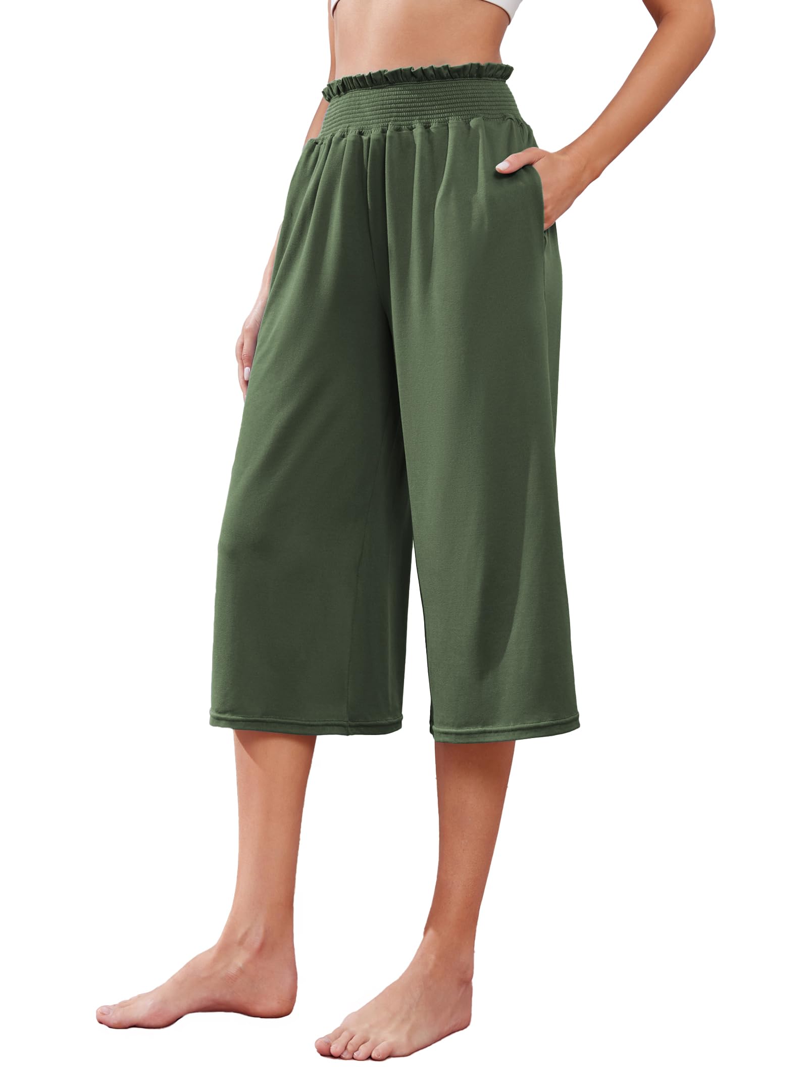 iChunhua Wide Leg Capri Yoga Pants for Women Loose Summer Ruffles High Rise Cropped Bottom with Pockets