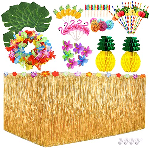 Juego de DecoracióN de Fiesta Hawaiana Falda de Mesa Hojas de Palma Flores Hawaianas Pajitas de Papel 3d PiñA de Papel Leis Paraguas de CóCtel Para Tiki Summer Pool Beach Luau Decoraciones de Fiesta