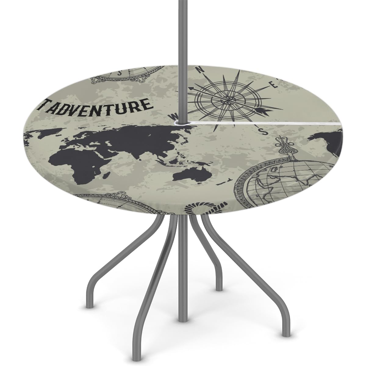 XMNYGJ World Map Compass Round Fitted Tablecloth with Umbrella Hole Zipper for Patio Picnic Tables Elastic Outdoor Table Cover Waterproof and Stain Resistant 45-56 Inch