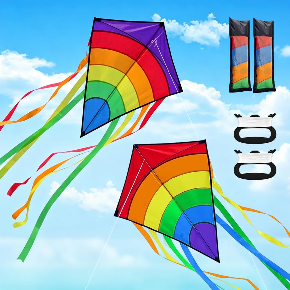 KQWVZ 2PCS Diamond Kites for Children, Rainbow Eddy Diamond Kite for Kids & Adults, Easy to Fly, Colourful Diamond Kites with 2M Long Tail&80M Flying String, Outdoor Beach Toys & Games for Beginners