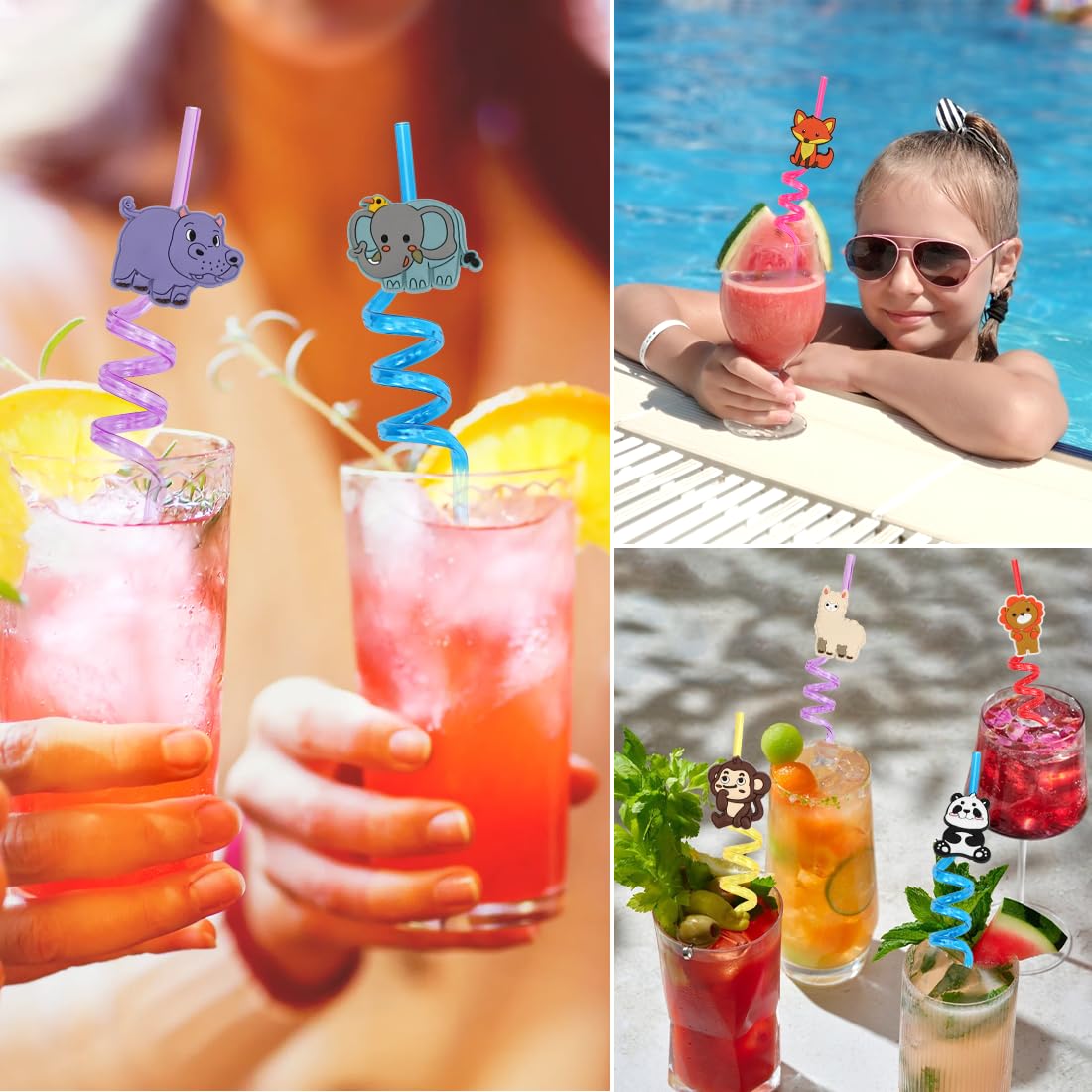 Pajitas para niños, 10 unidades, reutilizables, animales de la selva con cepillo de paja, pajitas de cumpleaños infantiles, pajitas de plástico coloridas como suministros de fiesta para cumpleaños