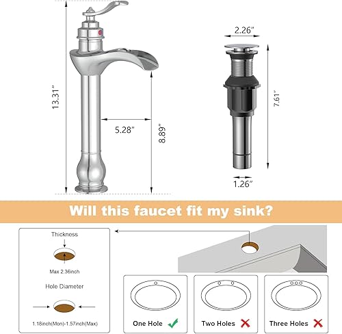 Miniatura 7 de BWE Grifo de lavabo cromado con cascada con montaje de drenaje desplegable y manguera de suministro de un solo mango, grifo de baño de un solo