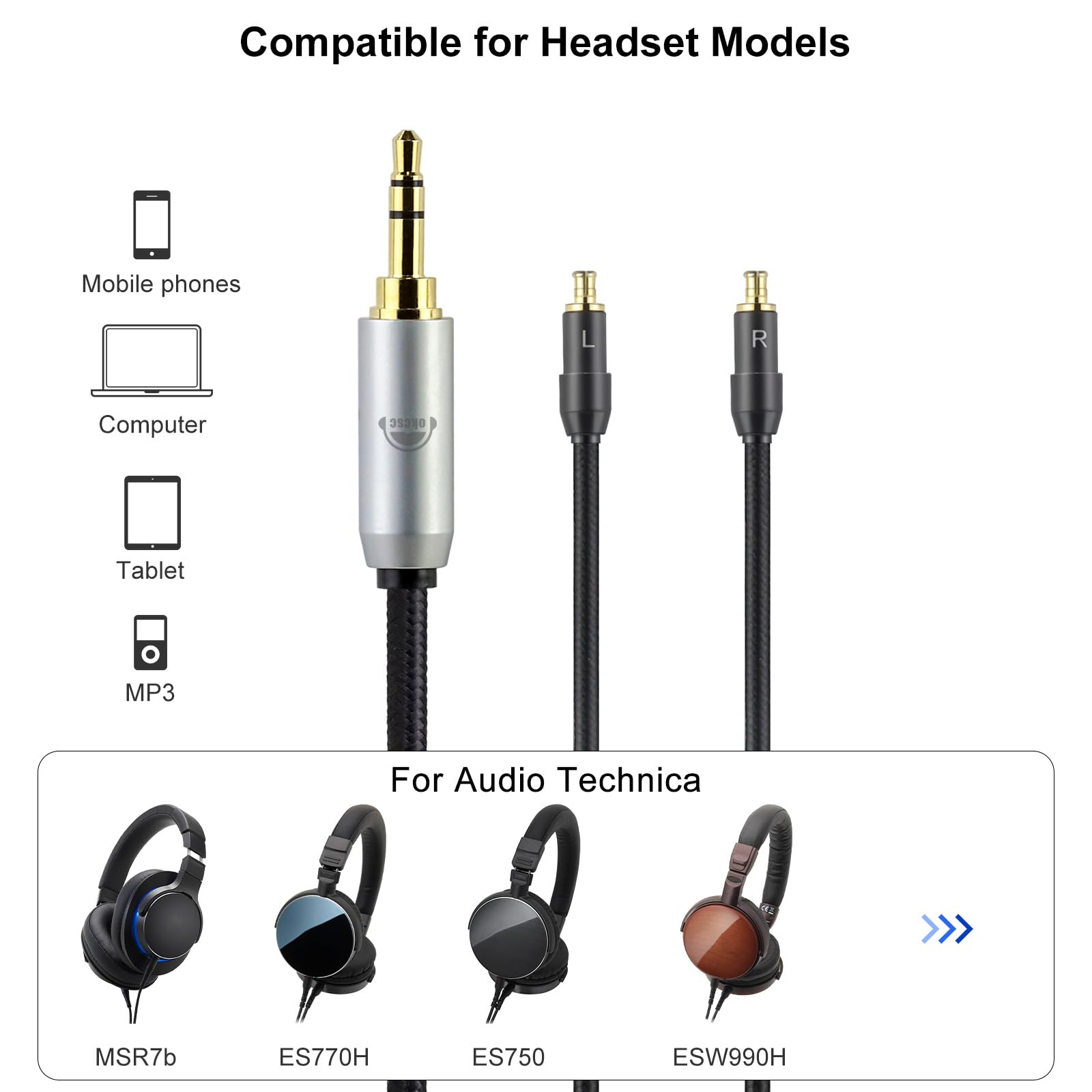 okcsc SR9 Cavo di prolunga audio intrecciato a 4 pin, cavo di prolunga Hi-Fi, 3,5 mm femmina a maschio, in nylon, compatibile con ATH-MSR7b, ATH-SR9