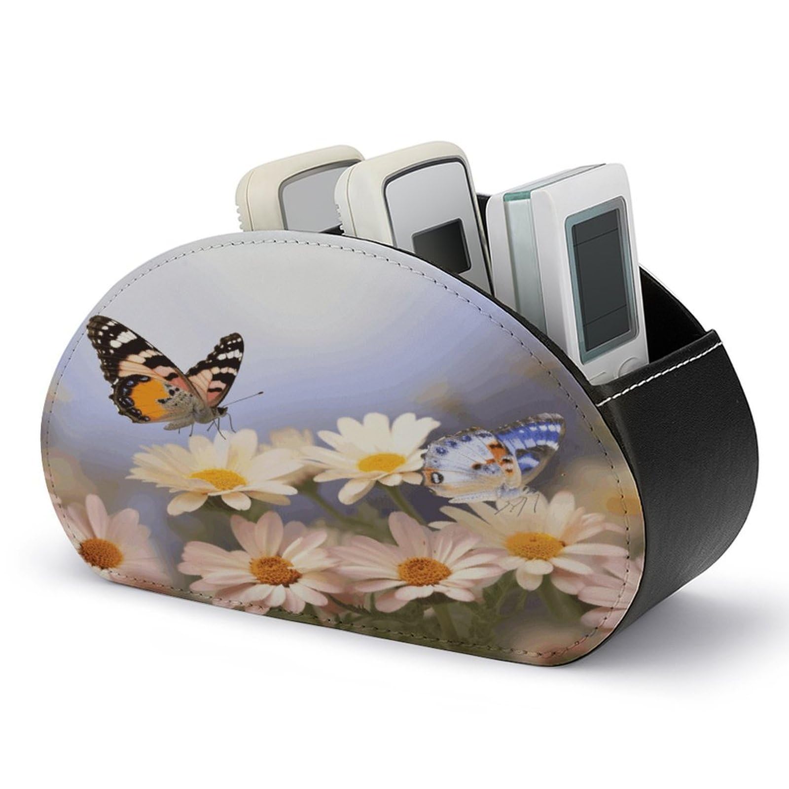 FekiLoot Butterfly Daisy Remote Control Holder PU Leather Tabletop Organizer with 5 Compartments Storage Tray & Desktop Organizer for TV Remotes Glasses Pens