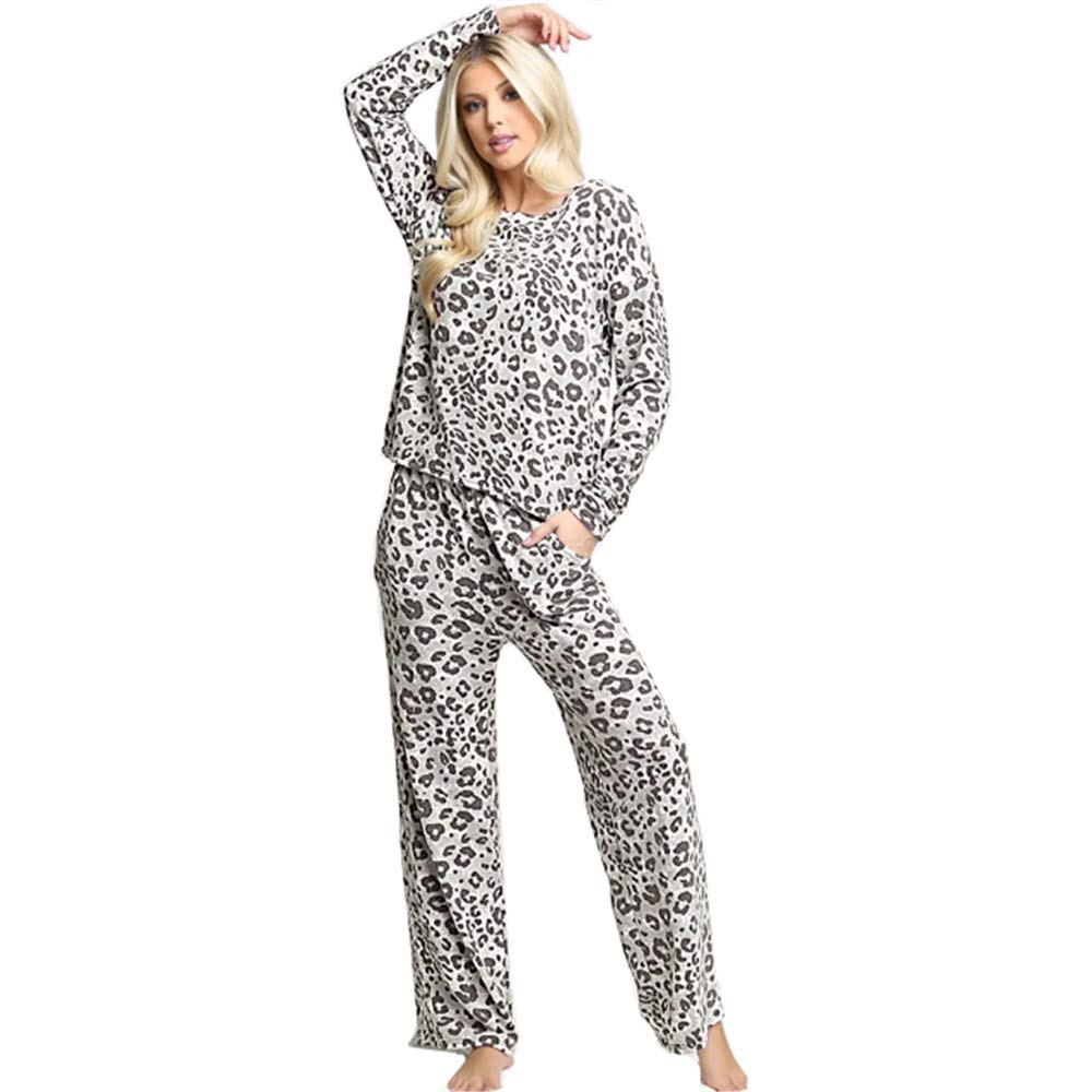 AIMEITE Women Pajamas,Sleepwear Set Women Long Sleeve Sleepwear Tops and Bottom Nightwear Loungewear Leopard Print Pajamas Set