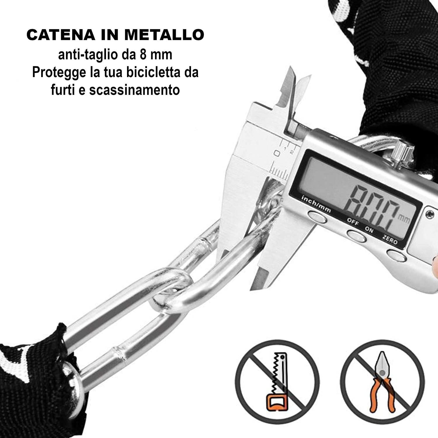 Catena Lucchetto per Bici e Moto con Chiave, Acciaio Resistente Anti Taglio, 90cm.