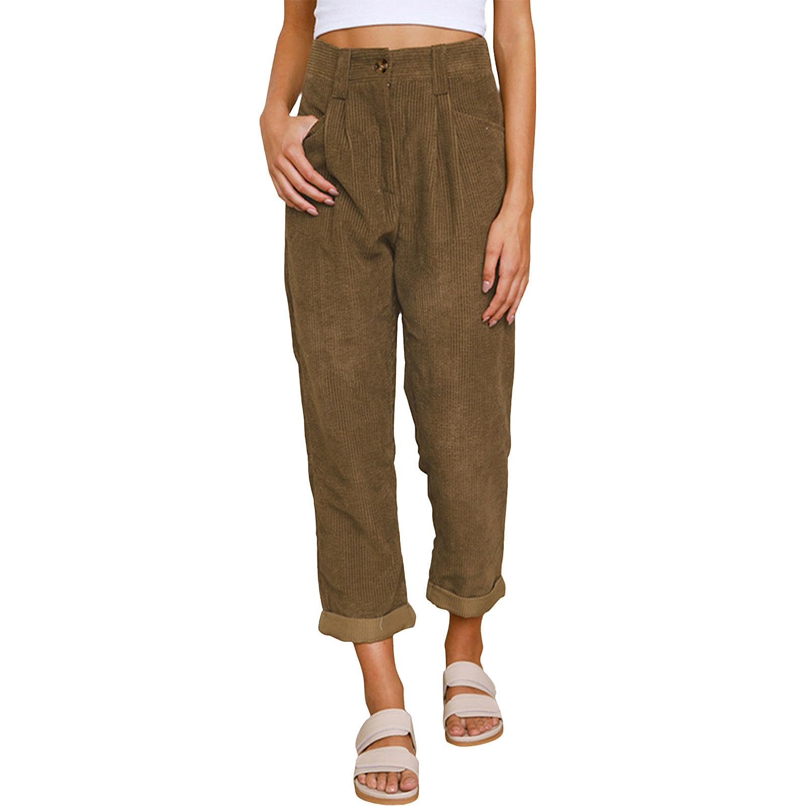 Womens Corduroy Pants Vintage Straight Leg High Waisted Pants Business Button up Loose Comfy Trousers with Pockets