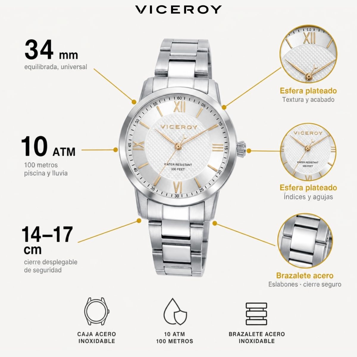 Viceroy Reloj Mujer Elegante de Acero Inoxidable - 34 mm - Movimiento de Cuarzo - Bisel Dorado - Brazalete de Acero - 41138
