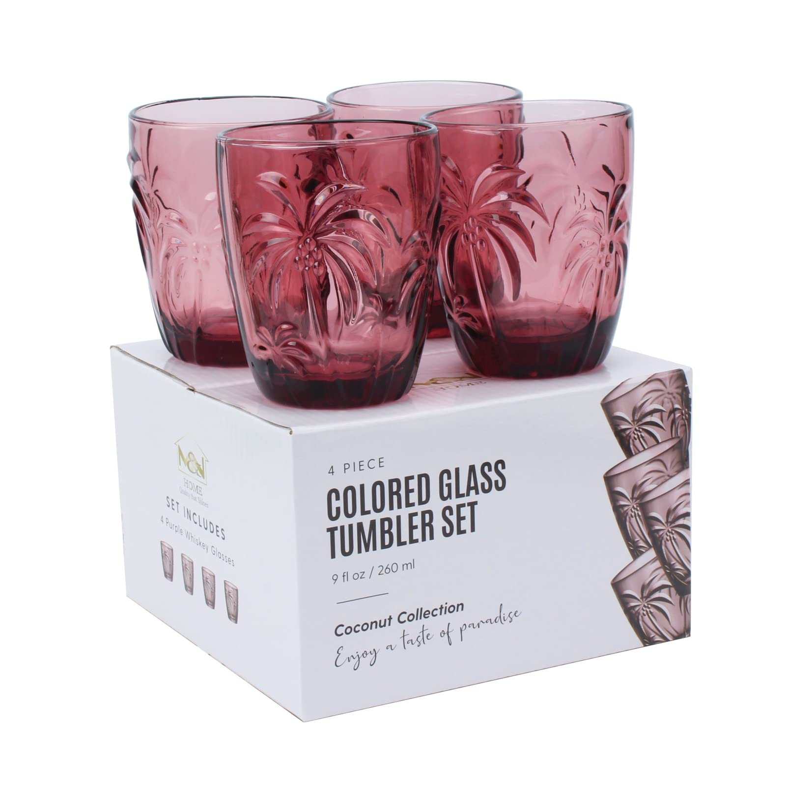 M&N HOME Colored Whiskey Glasses, Set of 4 Colorful Drinking Glasses, 9 Oz Coconut Cups, Glass Tumblers, Glass Cups for Water and Juice, Tiki Cups, Tropical Themed Glassware Set - PURPLE SET