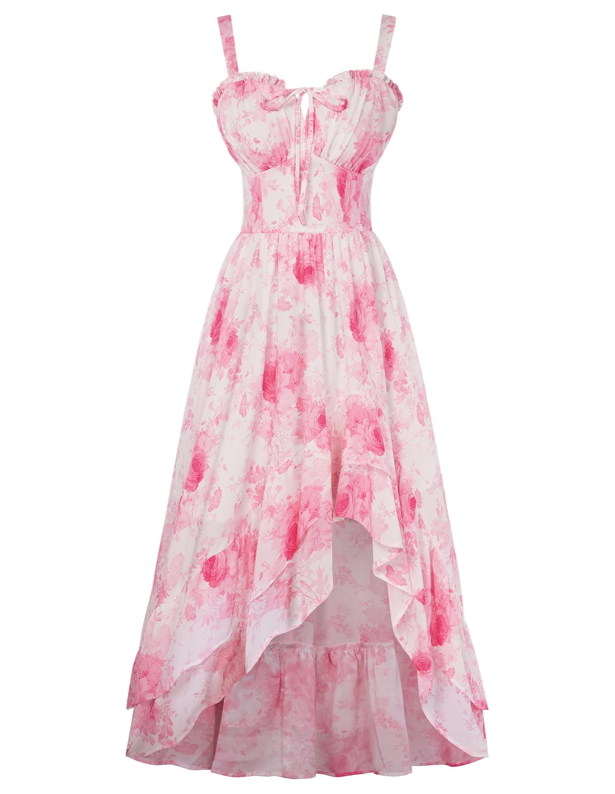 Scarlet Darkness Damen Viktorianisches Blumenkleid Spaghettiträger Sommerkleid High-Low Rüschensaum Lang Kleider Weiß mit Rosa Blumen XL