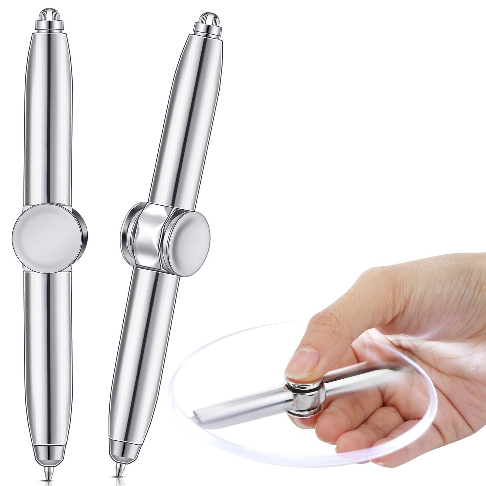 OSHIMA 2 Pieces Spinning Pen with LED Light Multi Functional Help Stress Reducer Help Thinking Ballpoint Pen Anti Stress Anxiety Gift Pen for Adults Students Teenage(White Gold)