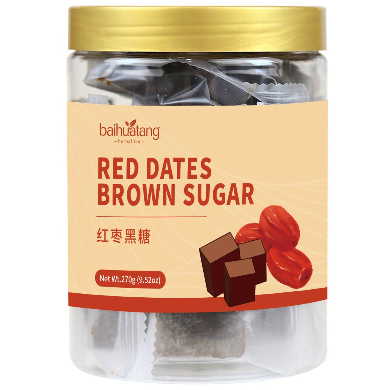 Baihuatang Premium Handmade Ancient Red Date Brown Sugar for Tea Traditional Chinese Black Sugar Cubes with Red Dates & Ginger | 270g | Additive-Free | Natural Sweetness | Soothing Tea for Women & Men | Individually Wrapped 红枣黑糖