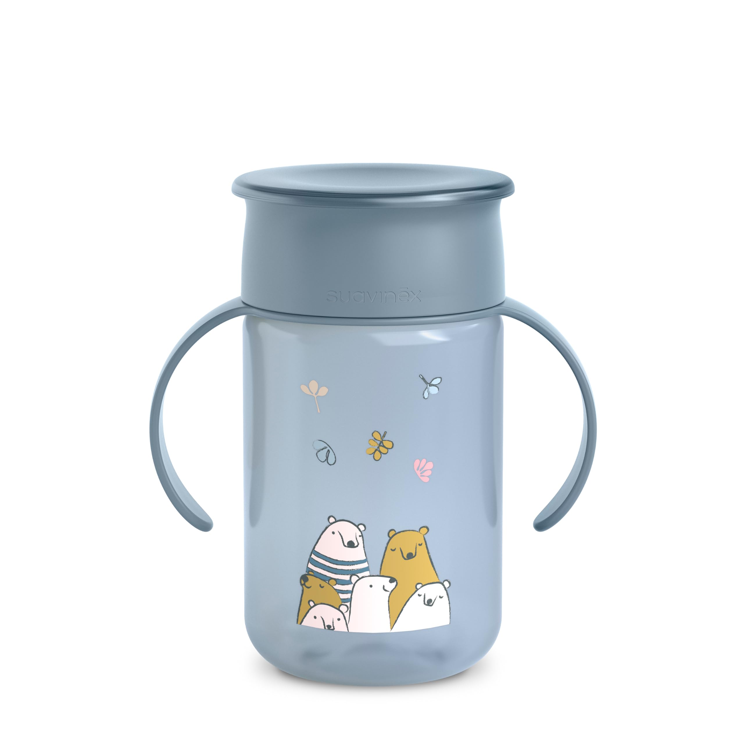 Suavinex, Learning Cup with Drip Disc, Baby Cup, Magic Cup, 360° Leak-Proof Rim, with Handles, with Hygienic Lid, Child Cup + 12 Months, 340 ml, Bears Blue