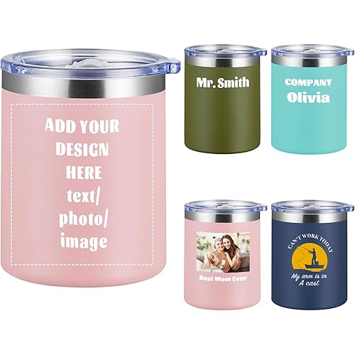 COMOOO Personalized 12oz Tumbler, Custom Stainless Steel Insulated Cup with Text Photo Logo with Lid, Double Wall Vacuum Tumbler Cup for Office, Gym, Travel, Ideal Gift, Pink, 1 Pack