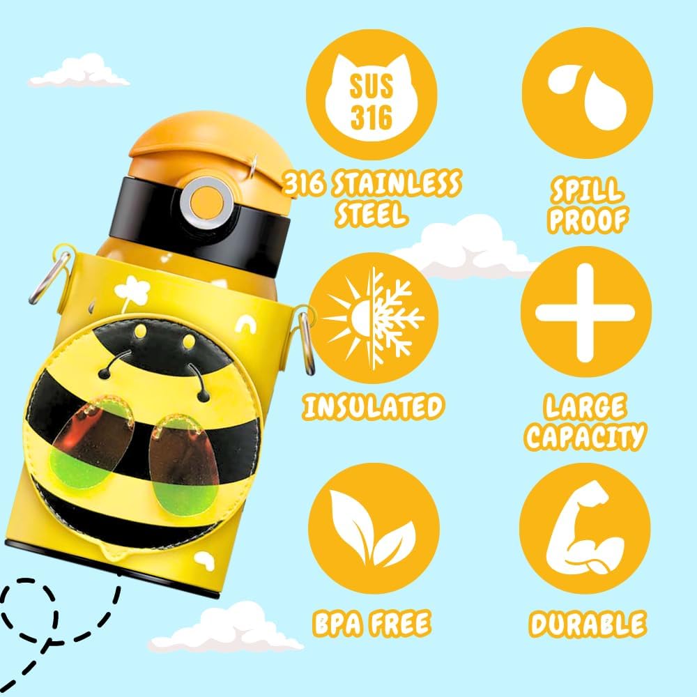 Cocosmile Bumble Bee Kids Water Bottle, Stainless Steel Thermal Bottle with Straw, Easy Open Button, Carrying Lanyard, Zipper Pouch, BPA-Free - for School Boys and Girls (With Straw)