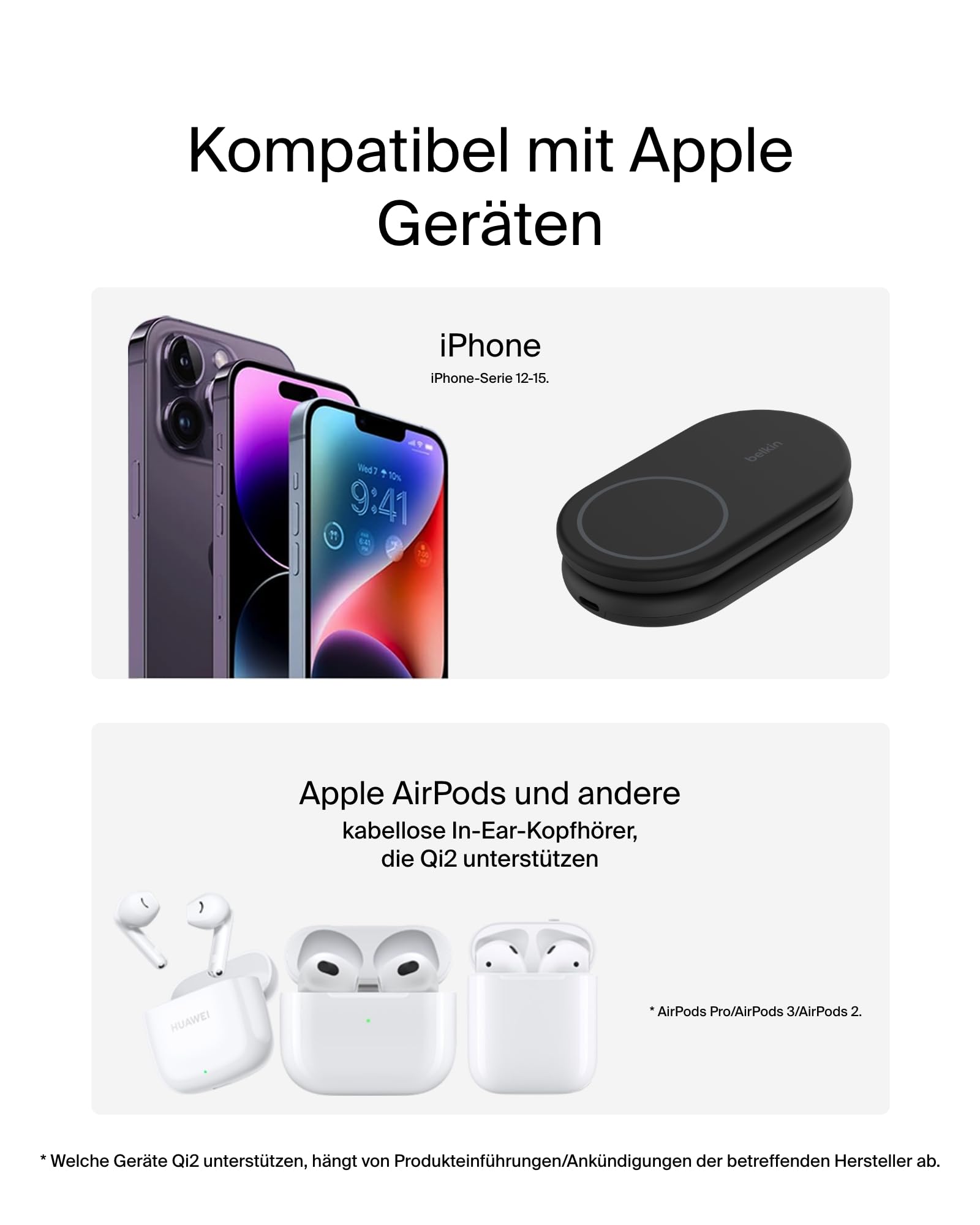 Belkin BoostCharge 2-in-1 magnetisches einklappbares Ladegerät Qi2, MagSafe-kompatibles 15 W, Schnellladegerät für Apple iPhone 17, Air, Pixelsnap, induktive Ladestation, inklusive Netzteil - Schwarz