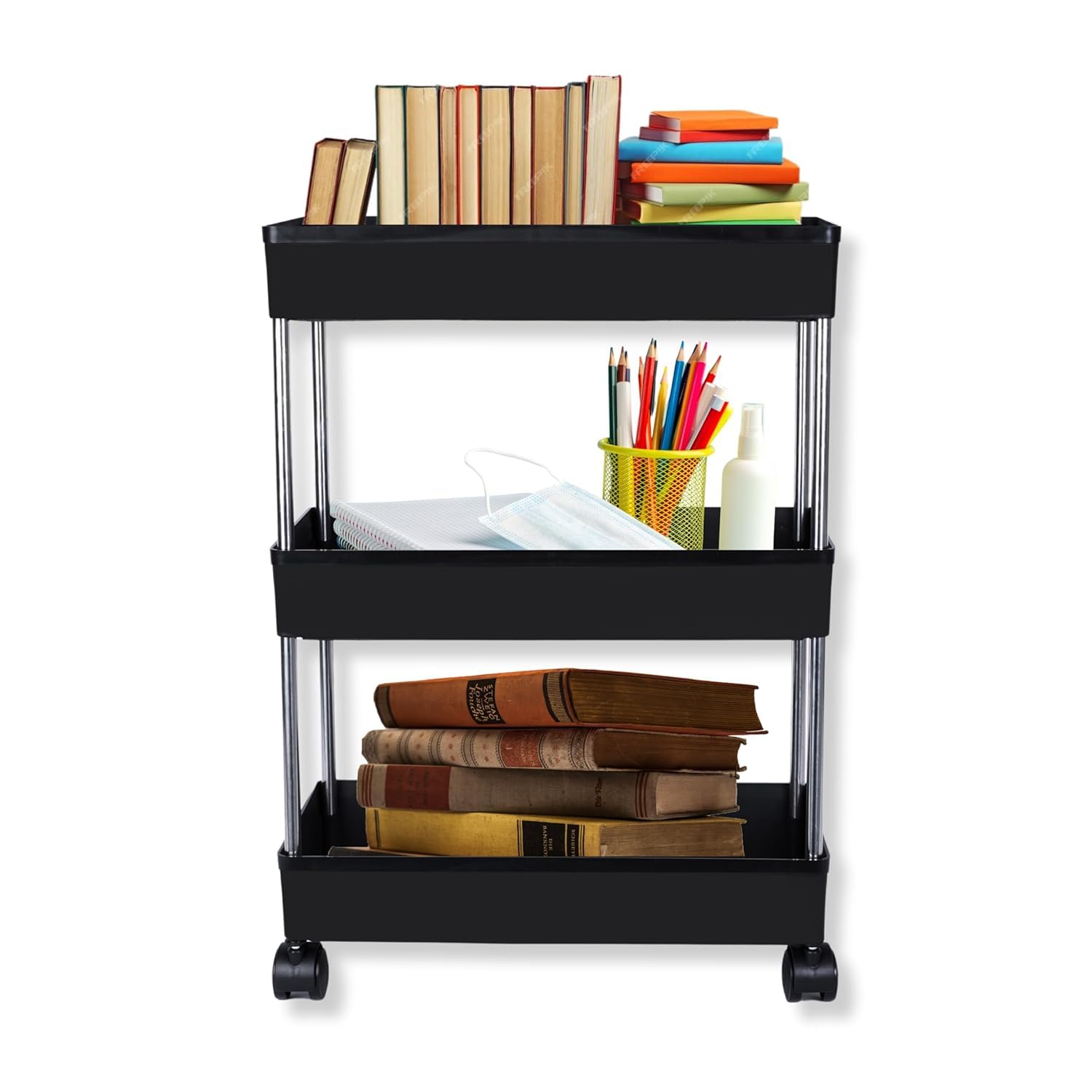 SANDHIX Plastic Multipurpose Storage Organizer Slim Rack Shelf Cart with Wheels for Kitchen, Living Room, Office, Bedroom, Bathroom, Kids Room, Kitchen Trolley, 3 Layer (Black)-image-30