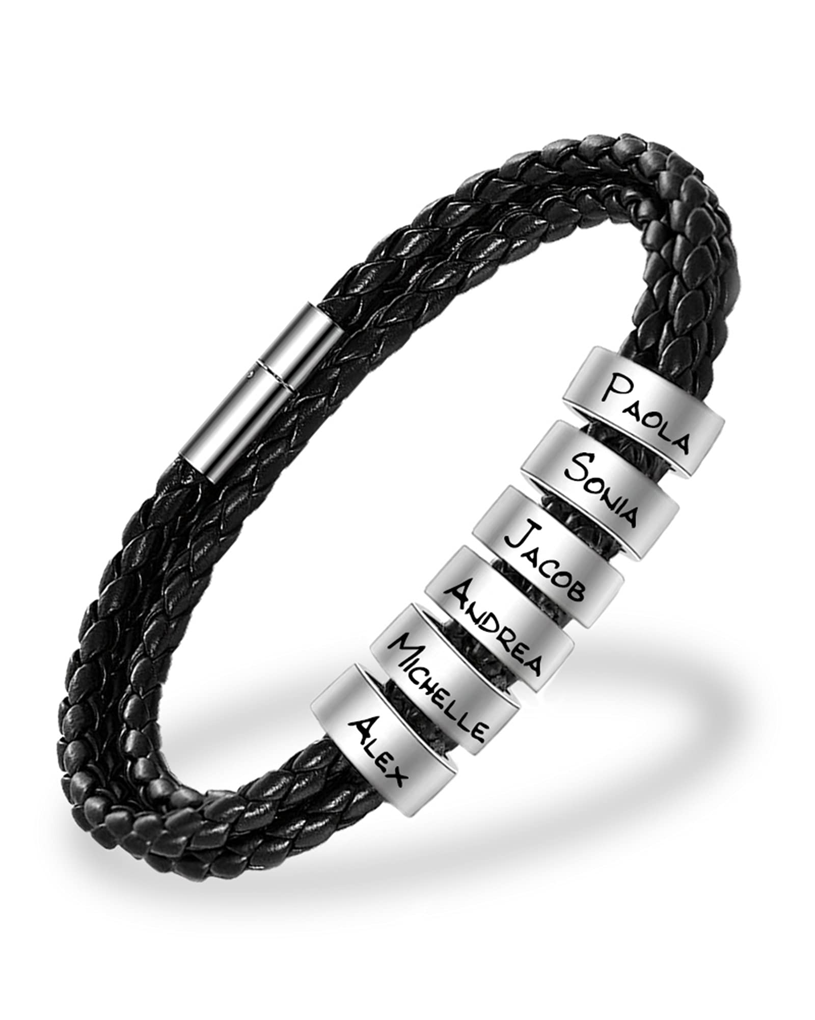 Mens Leather Bracelets with 1-8 Engraved Beads Name, Custom Name Braid Bracelet Personalized Men's ID Bracelet for Dad, Grandpa