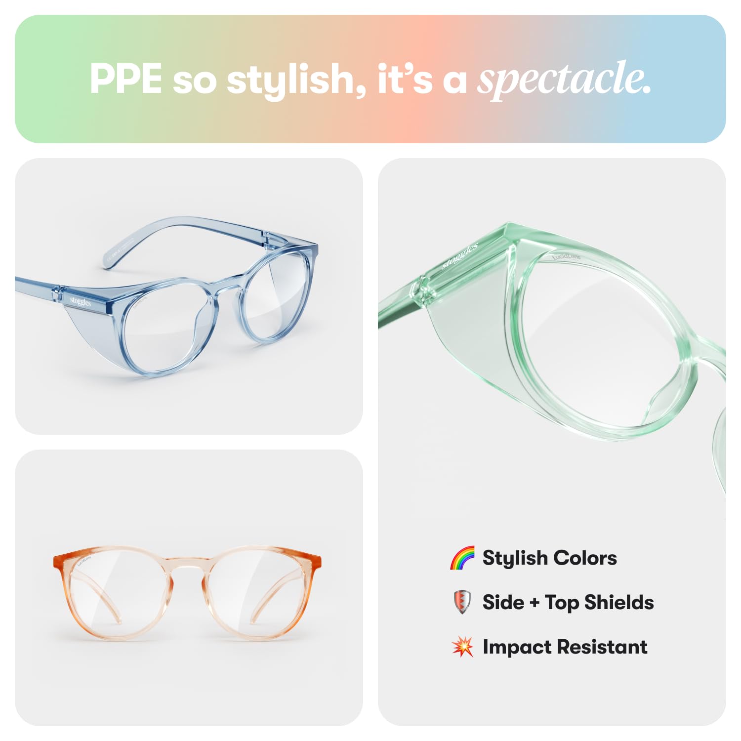 Stoggles Gafas de seguridad redondas de policarbonato con certificación Z87.1, a prueba de arañazos e roturas, lente de bloqueo de luz azul y UV, protectores superiores y laterales, revestimiento