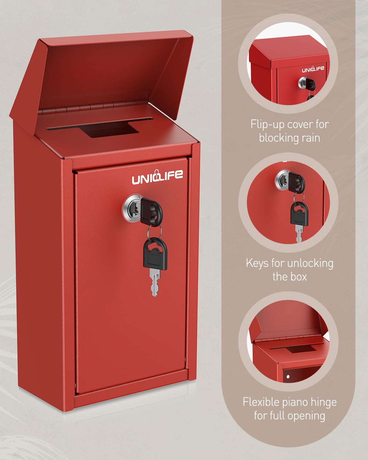 Uniclife Key Drop Box for Outside Red Metal Donation Box Collection Box with Key Lock, Safe Suggestion Box - Image 4