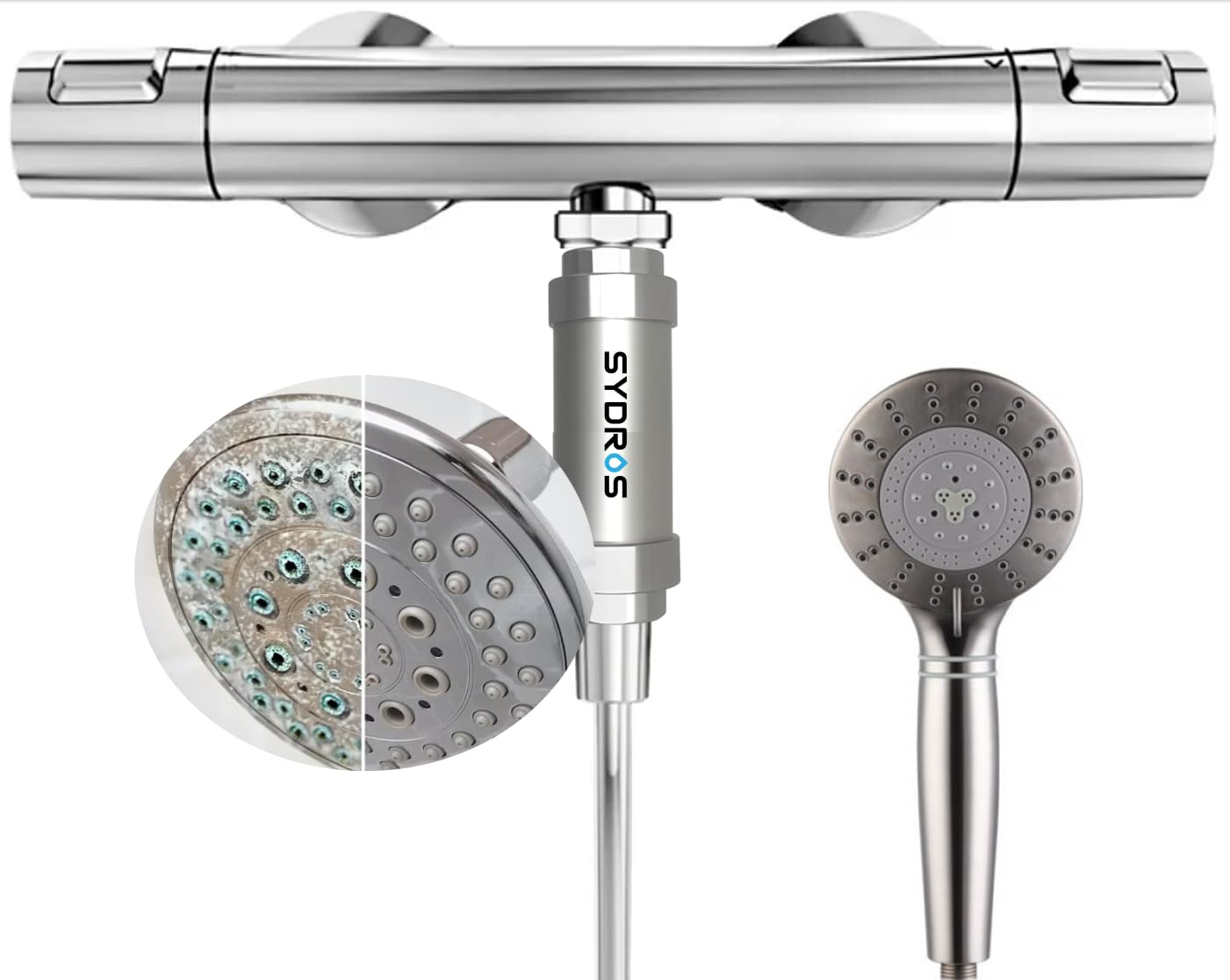 SYDROS Filtre anti-calcaire pour douche ½" en acier inoxydable réduit les dépôts de calcaire jusqu'à 90 % sans sel ni produits chimiques pour la douche, la salle de bain, facile à monter