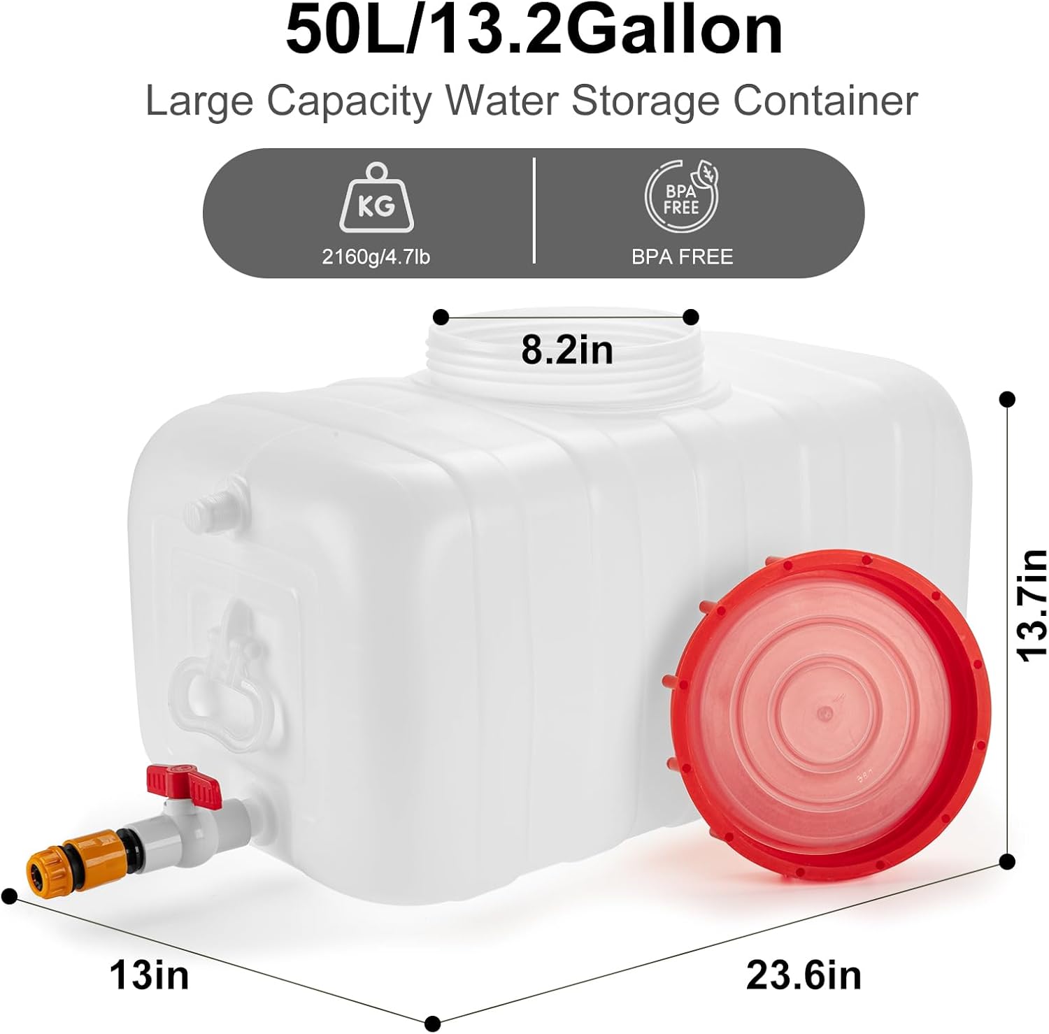 13.2 Gallon Water Tank with Faucet, Water Storage Container for Camping, Portable First Aid Water Storage for Outdoor Hiking, RV, Autonomous Driving Tour, 23.6 x 13 x 13.7in - Image 2