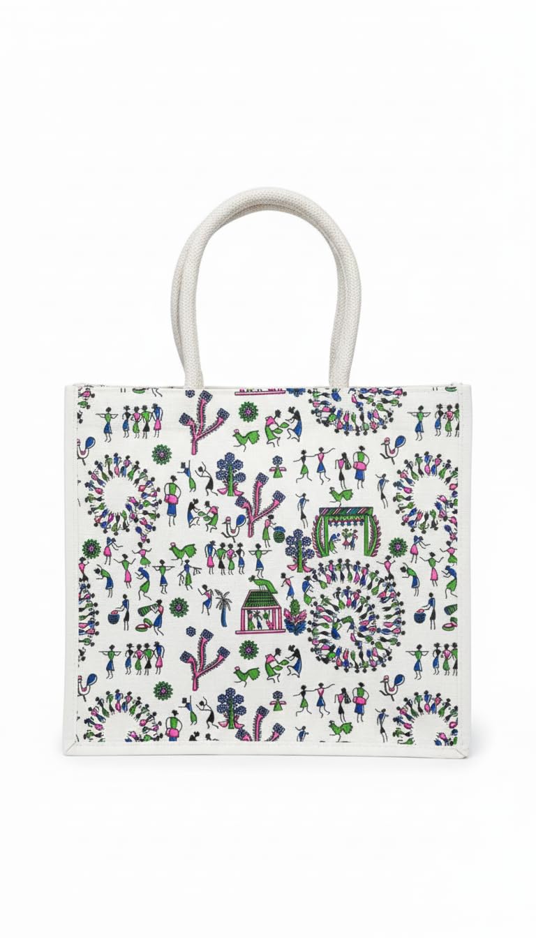 Warli Print Canvas Tote Bag for Women | Eco-Friendly Reusable Cotton Shopping Bag | Large Capacity Cloth Tote for Grocery, Books & Daily Use-image-22