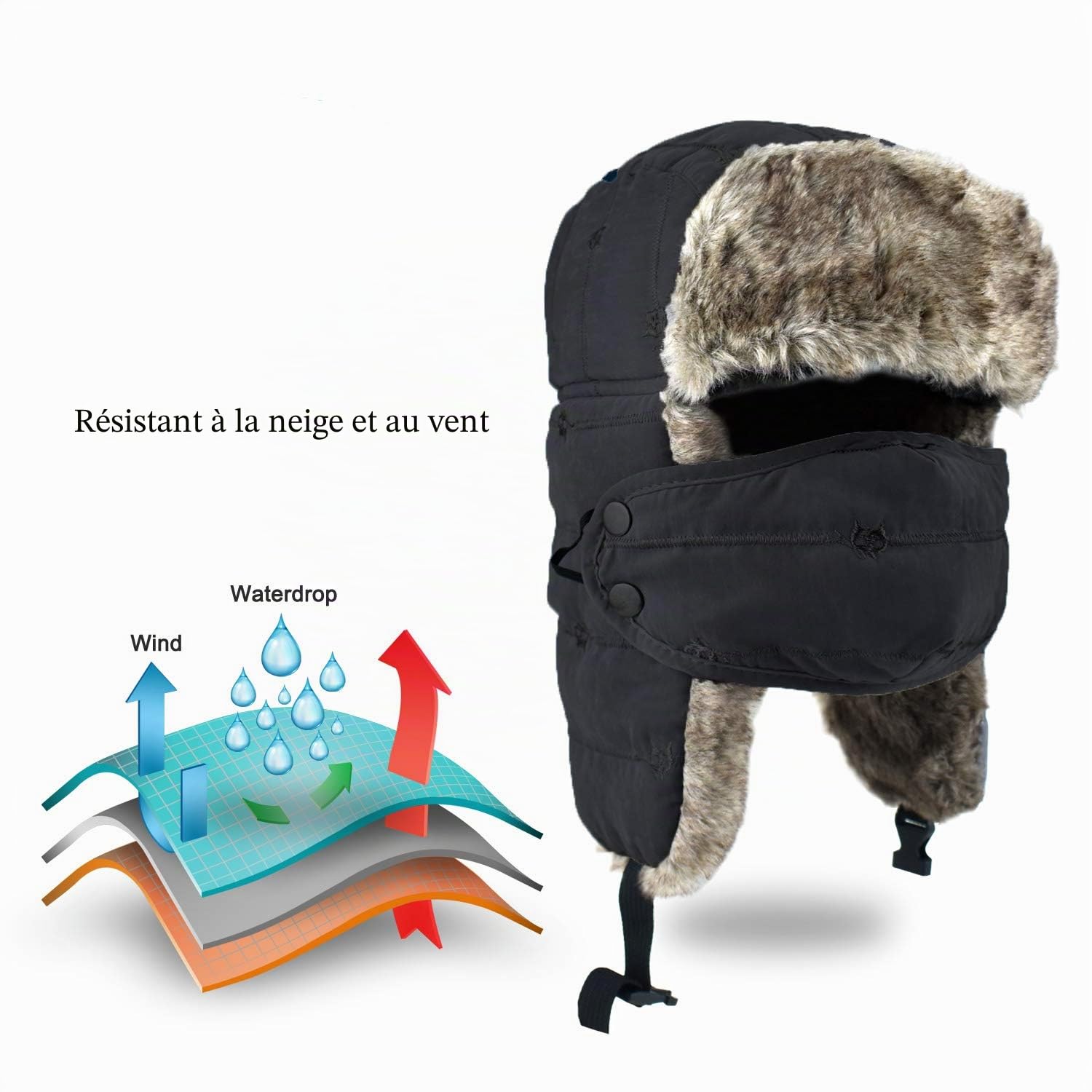 Brotou - Bonnet aviateur unisexe - En fausse fourrure - Avec cache-oreilles - Garde au chaud - Idéal pour le ski, le patinage et les activités de plein air en hiver, Noir , 60