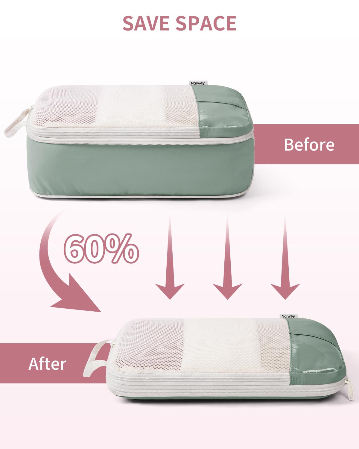 Narwey 5 Pièces Organisateur Valise, Sac Compression Voyage, Compression Packing Cubes, Organisateur Valise Compressible, Cube de Rangement, Organiseurs de Bagage (Vert)