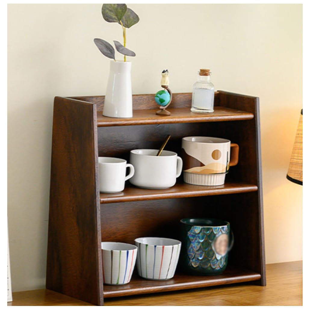 QDZC 3 Tier Coffee Mug Display Rack With Drawers Countertop Spice Jar Organizer Small Cup Holder Kitchen Storage Shelf for Home Office Home Furnishing brown2