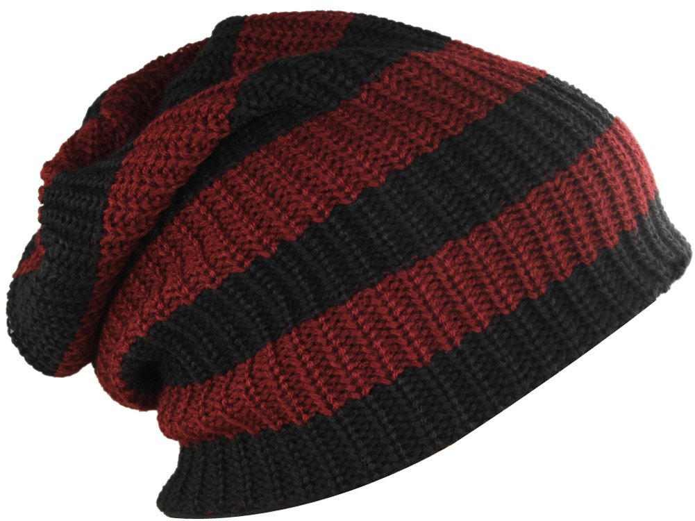 minakolife Mens Striped Slouch Large Oversize Beanie Warm Skull Cap Wine