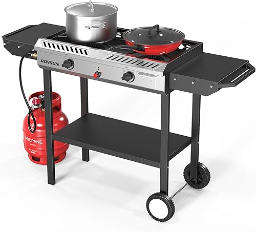 ROVSUN Estufa de propano de 2 quemadores con encendido automático, estufa de gas de 150,000 BTU con estantes laterales, ruedas giratorias y