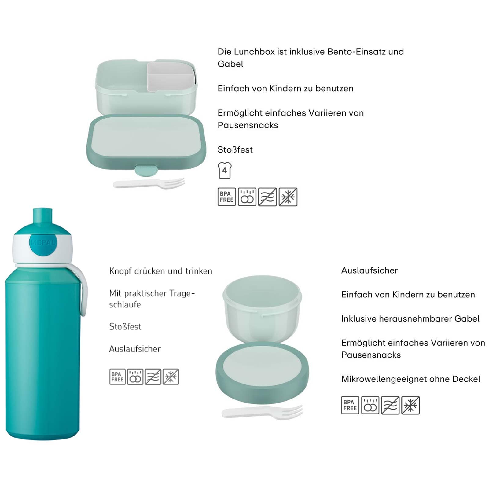 Mepal - Pausenset Campus - Set für Kinder mit Pop-up Trinkflasche, Lunch Box & Obstbox - Lunch-Set für die Schule oder unterwegs - Spülmaschinenfest - 400 + 750 + 300 ml - Cool blue