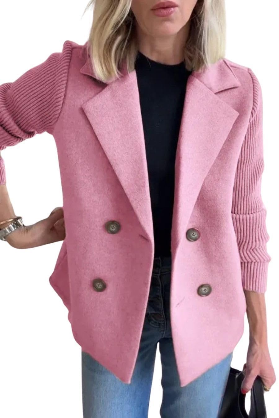 Womens Double Breasted Blazers Jacket Lapel Button Knitted Patchwork Sleeve Sweater Blazer Fall Casual Business Coat