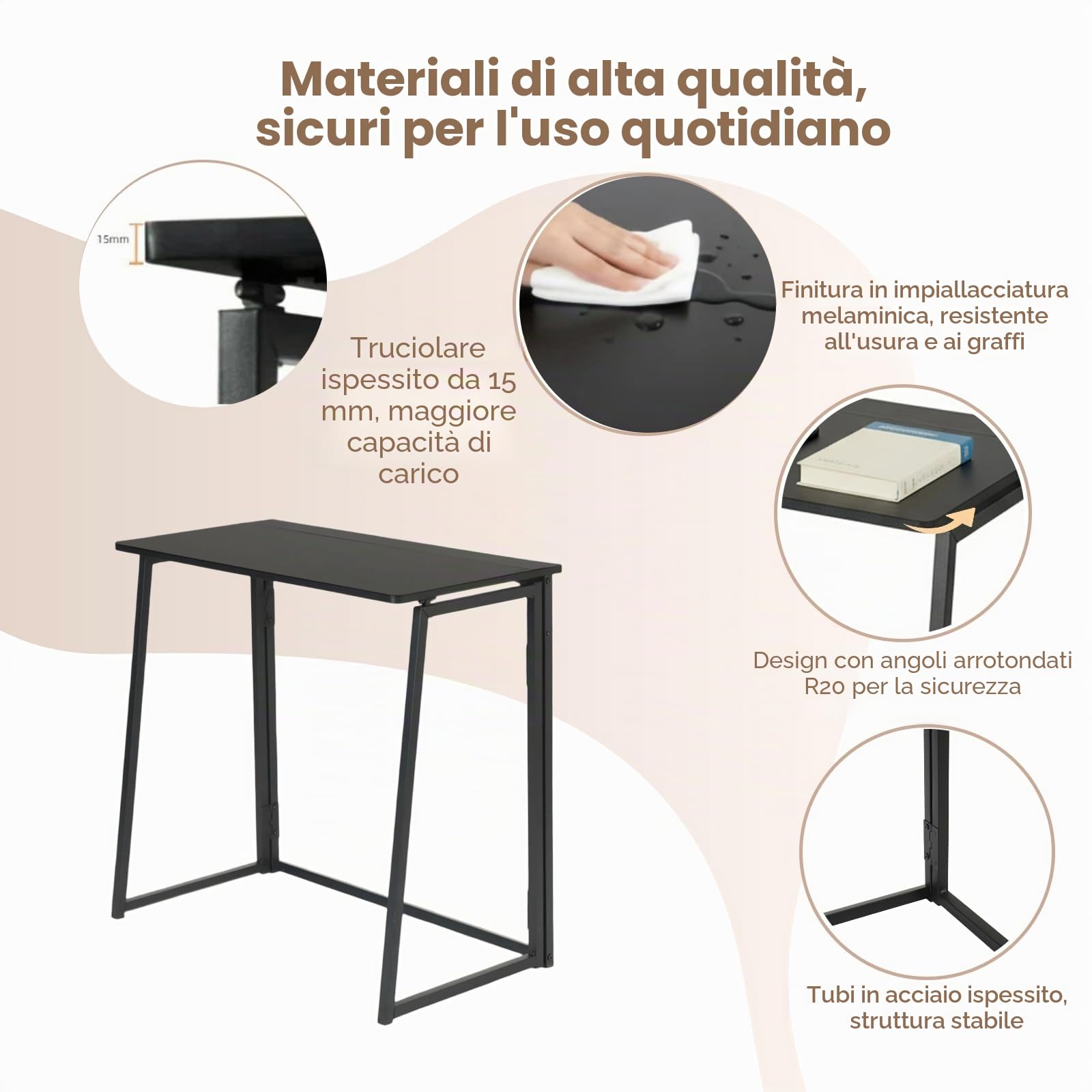 Scrivania pieghevole 80 x 40 cm, tavolo per computer salvaspazio, truciolato da 15 mm e struttura tubolare in acciaio nero, tavolo pieghevole per ufficio, cucina e studenti (Ebano Nero)
